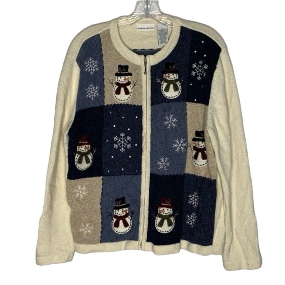 Croft & Barrow Cardigan Womens L Cream Blue Vintage Snowman Wool Rabbit Blend